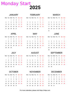 Free Printable Weekend Highlight 2025 Calendar (Monday First)