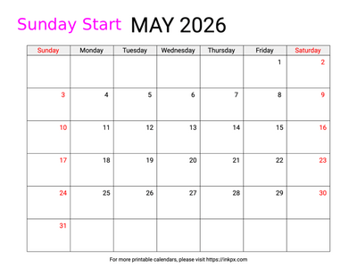 Free Printable Weekend Highlighted May 2026 Calendar (Sunday Start)