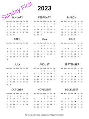 Printable Blank Clean 2023 Yearly Calendar (Sunday First)