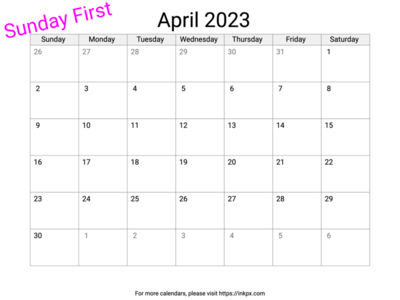 Printable Blank April 2023 Calendar (Sunday First)