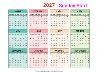 Free Printable Colorful Table 2027 Yearly Calendar (Landscape, Sunday Start)