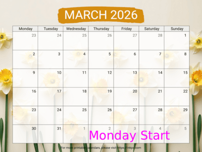Free Printable Daffodil Background March 2026 Calendar (Monday Start)