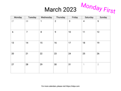 Printable Blank March 2023 Calendar (Monday First)