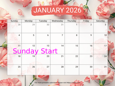 Free Printable Carnation Background January 2026 Calendar (Sunday Start)