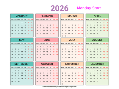 Free Printable Weekend Highlight Colorful 2026 Calendar (Landscape, Monday First)