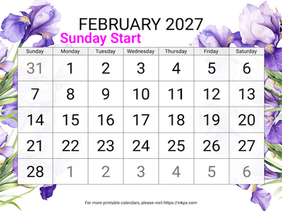 Free Printable Irises Large February 2027 Calendar (Sunday Start)