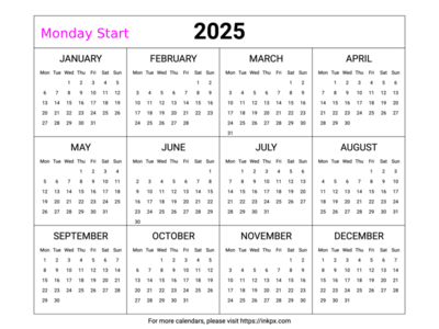 Free Printable Minimalist Table 2025 Yearly Calendar (Landscape, Monday Start)