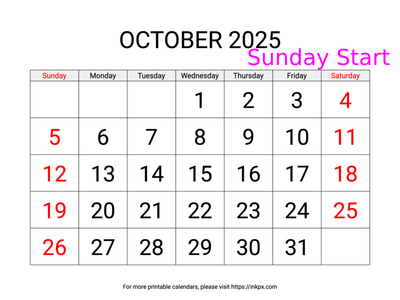 Free Printable Large Weekend Highlighted October 2025 Calendar (Sunday Start)