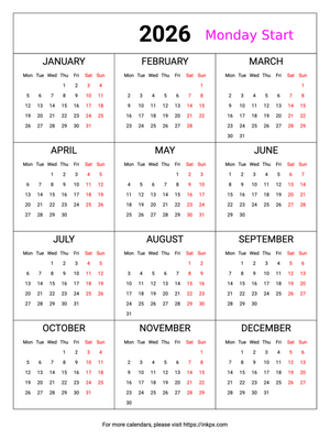 Free Printable Weekend Highlight Table 2026 Calendar (Monday First)