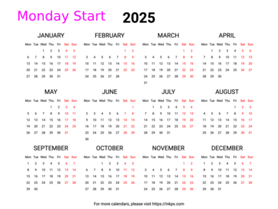 Free Printable Weekend Highlight 2025 Calendar (Landscape, Monday First)