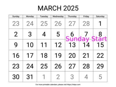 Free Printable Large March 2025 Calendar (Sunday Start)