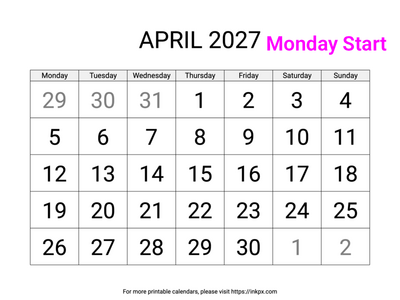 Free Printable Large April 2027 Calendar (Monday Start)