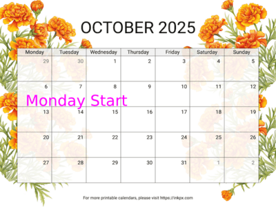 Free Printable Marigold October 2025 Calendar (Monday Start)