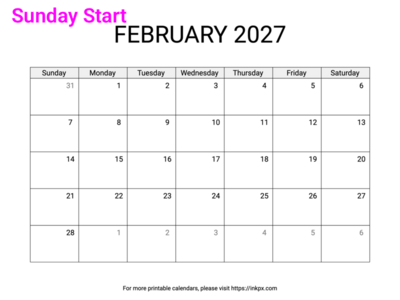 Free Printable Simple February 2027 Calendar (Sunday Start)