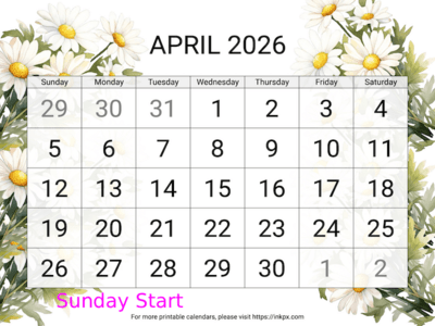 Free Printable Large Daisy April 2026 Calendar (Sunday Start)