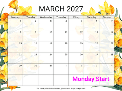 Free Printable Daffodil March 2027 Calendar (Monday Start)
