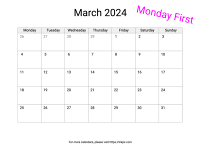 Printable Blank March 2024 Calendar (Monday First)