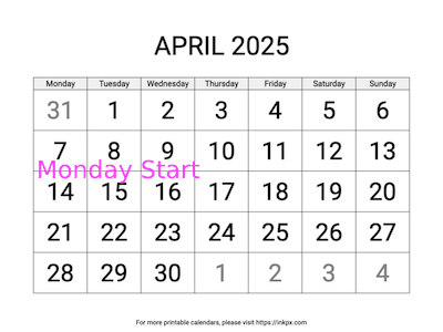 Free Printable Large April 2025 Calendar (Monday Start)