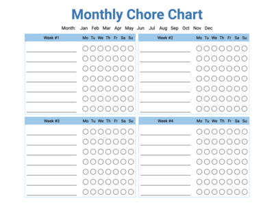 Free Printable Monthly Blue Color Chore Chart