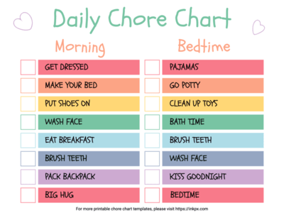 Free Printable Colorful Daily Chore Chart for Kindergartners