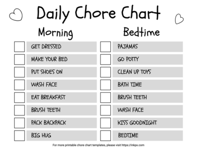 Free Printable Black and White Daily Chore Chart for Kindergartners