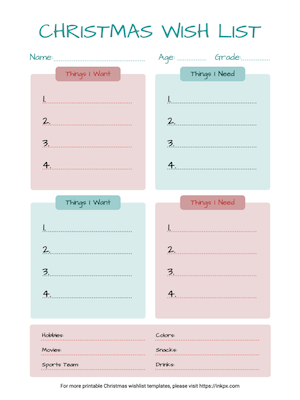 Free Printable Colorful Simple Christmas Wish List Template