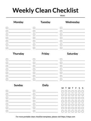 Printable Blank Simple Weekly Clean Checklist Template with Daily Task