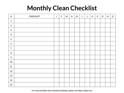 Printable Blank Simple Monthly Clean Checklist Template