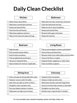 Printable Prefilled Simple Daily Clean Checklist Template