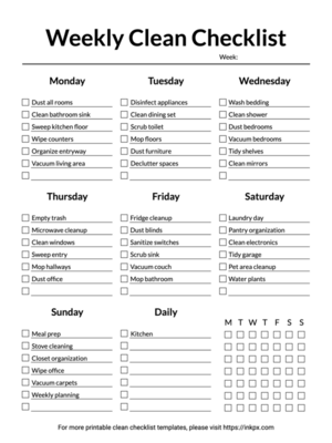 Editable Prfilled Simple Weekly Clean Checklist Template with Daily Task