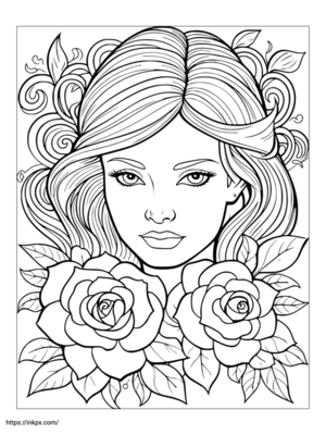 Free Printable Portrait with Rose Flower Coloring Page