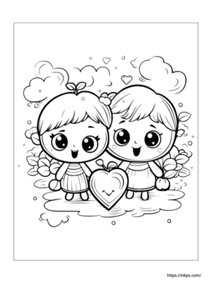 Printable Cute Kids & Heart Valentine's Day Theme Coloring Page