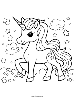 Free Printable Simple Style Clouds Unicorn Coloring Page