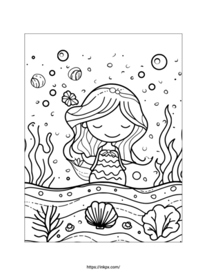 Printable Cute Mermaid & Seashell Coloring Page