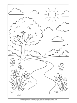 Free Printable Spring Scene & Flowers Coloring Page