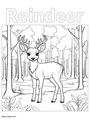 Free Printable Reindeer in Forest Coloring Page