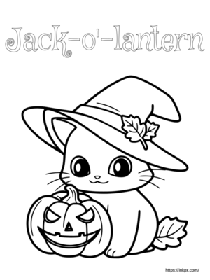 Free Printable Jack-o'-lantern and Cute Cat and Autumn Leaves Coloring Page
