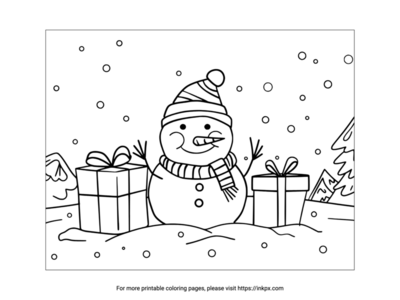 Printable Cute Snowman & Gifts & Snowfield Coloring Page