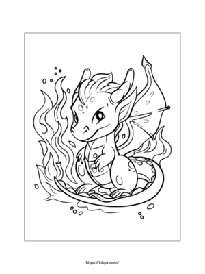 Printable Cute Dragon Playing Fire Coloring Page