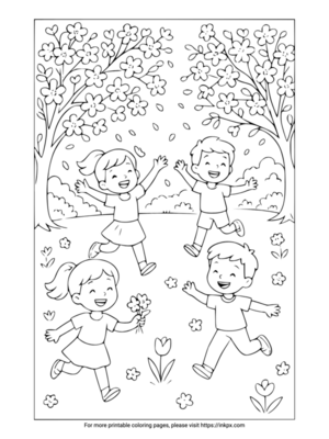 Free Printable Spring Scene & Happy Kids Coloring Page