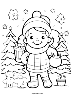 Free Printable Cute Boy & Christmas Tree Coloring Page