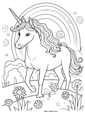 Free Printable Unicorn with Rainbow and Flower Coloring Page