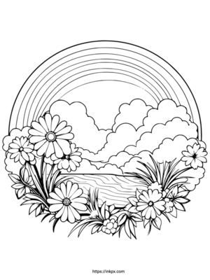 Free Printable Rainbow Flower Circle Coloring Page
