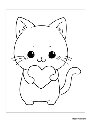 Printable Cute Cat & Heart Valentine's Day Theme Coloring Page