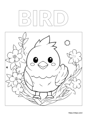 Free Printable Cute Bird & Flowers Coloring Page