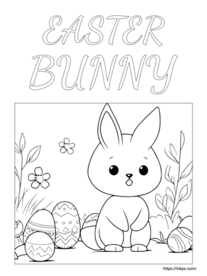Free Printable Easter Bunny & Eggs & Flowers Coloring Page