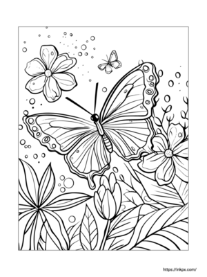 Printable Butterfly & Blossoming Flower Coloring Sheet