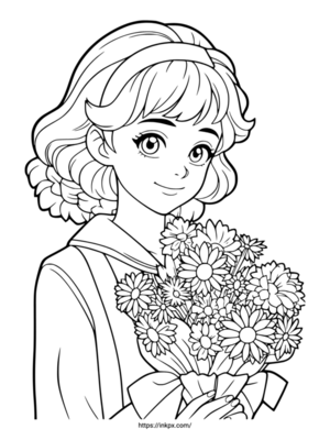 Free Printable Girl with Marigold Bouquet Coloring Page