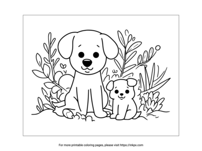 Printable Cute Dog & Puppy Coloring Page