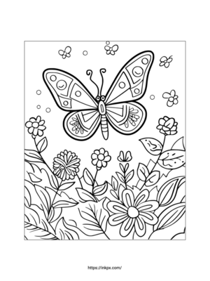 Printable Flying Butterfly & Flowers Coloring Page
